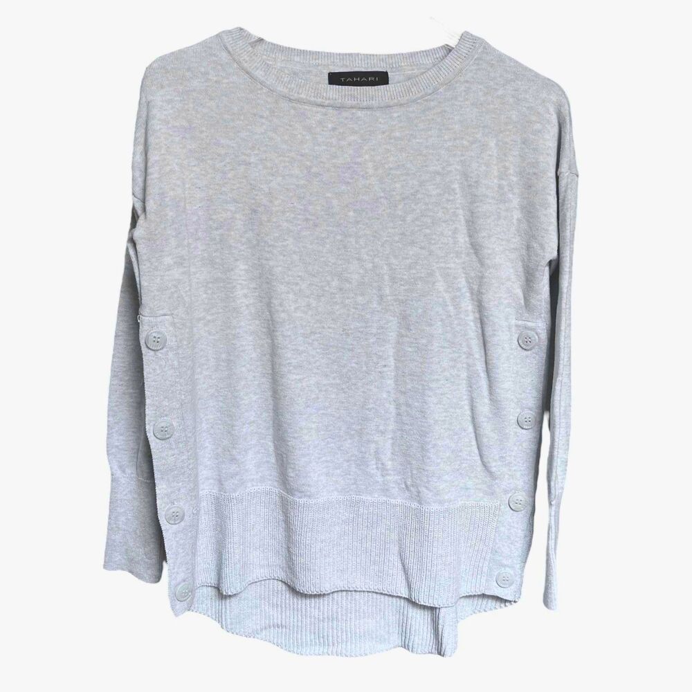 Tahari Pullover Sweater Womens S Marled Light Blue Cotton Blend Side Buttons